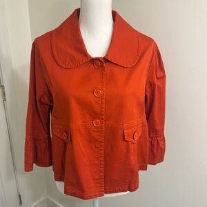 Cato Orange Red Jacket Blazer Size Medium 3/4 Ruffle Sleeves